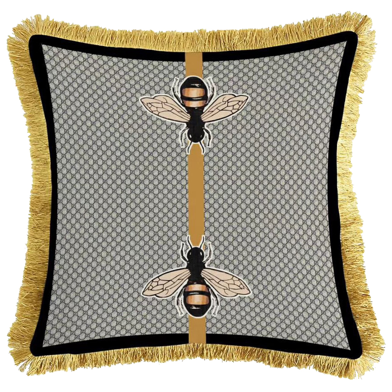 Декоративная подушка Cтиль Gucci Two Bees Серый Золотой Горчичный Декоративная подушка Cтиль Gucci Two Bees Серый Золотой Горчичный в Барнауле | Loft Concept