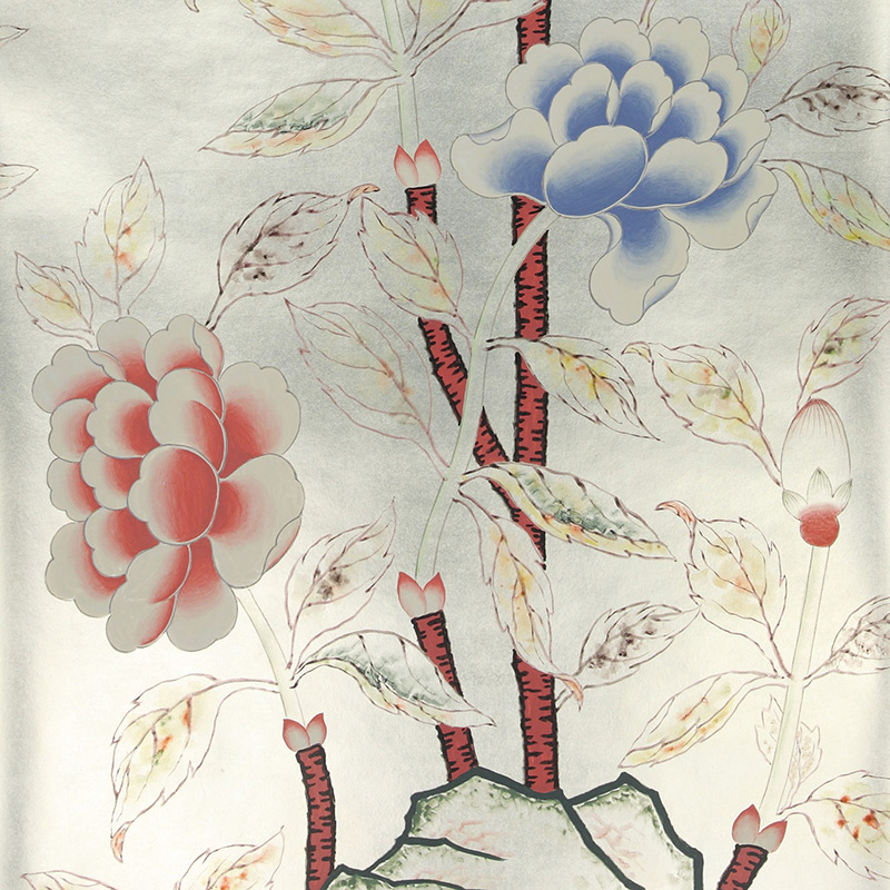 Обои ручная роспись Korean Peony Original colourway on Ocean Silver gilded silk with pearlescent antiquing  в Барнауле | Loft Concept 