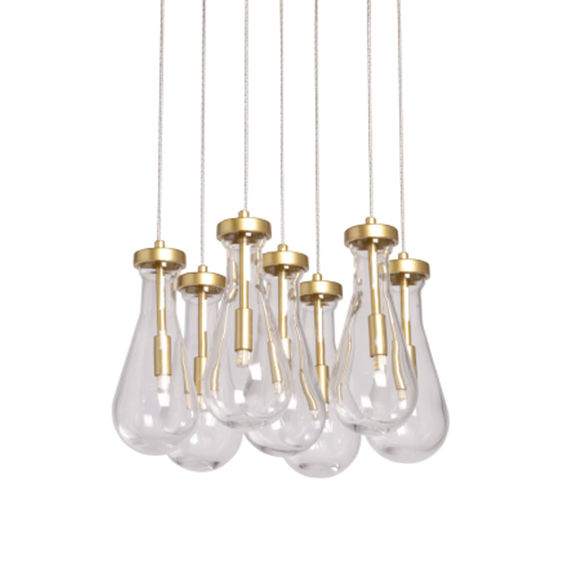 Люстра с 7-ю прозрачными плафонами из стекла в форме капли Lucid Rain  Золотой Прозрачный в Барнауле | Loft Concept 