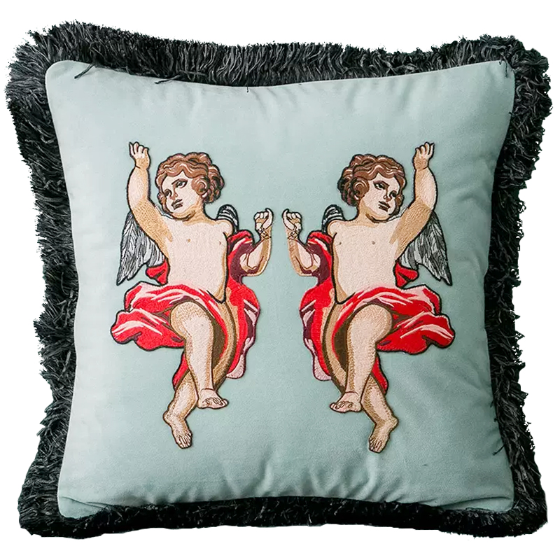 Декоративная подушка с вышивкой Стиль Gucci Angels Cushion Мятный Серый Бежевый Красный Декоративная подушка с вышивкой Стиль Gucci Angels Cushion Мятный Серый Бежевый Красный в Барнауле | Loft Concept
