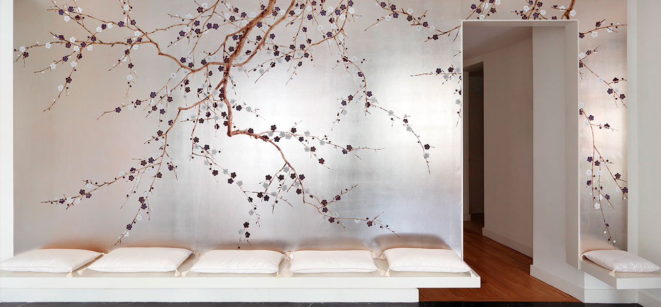 Обои ручная роспись Plum Blossom Lavender on Tarnished Silver gilded paper - фото