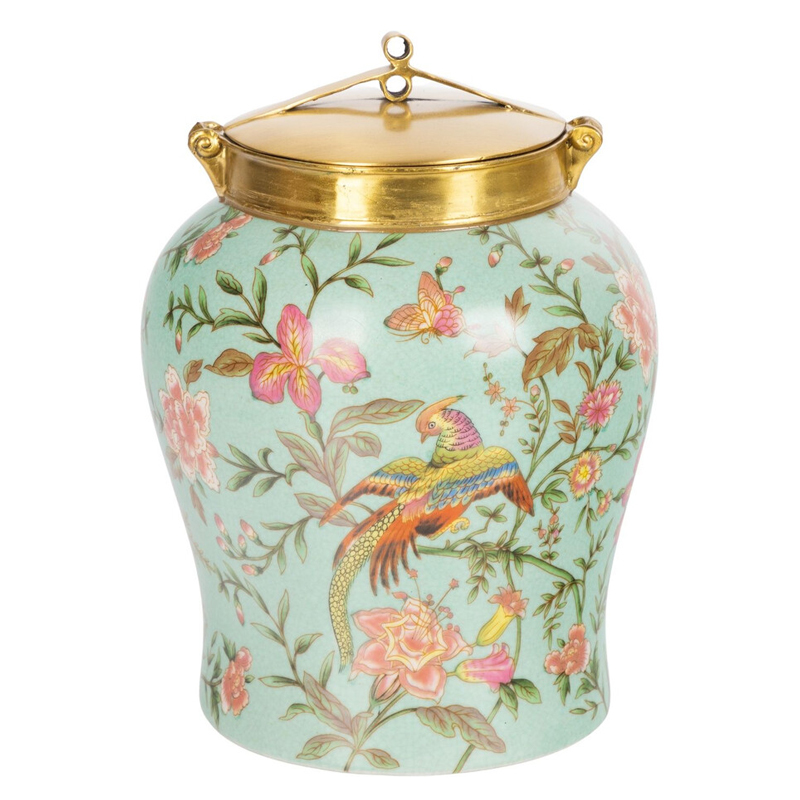 Ваза округлой формы из фарфора с рисунком и бронзовой крышкой Turquoise Blooming Garden Мульти Бронза Бирюзовый в Барнауле | Loft Concept 