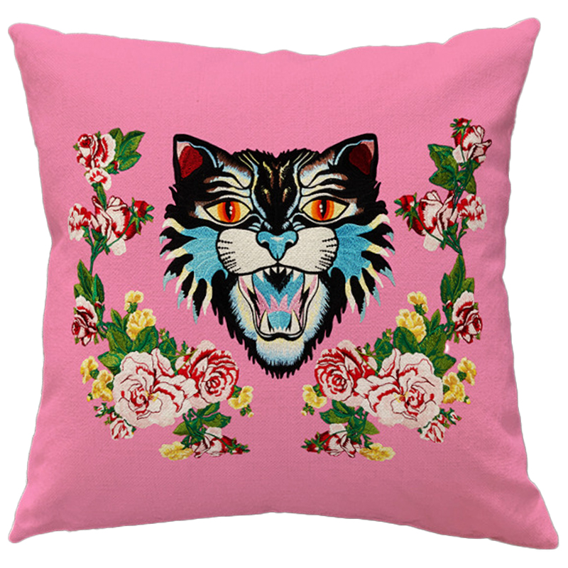 Декоративная подушка Стиль Gucci Cat Pink Розовый Мульти Декоративная подушка Стиль Gucci Cat Pink Розовый Мульти в Барнауле | Loft Concept