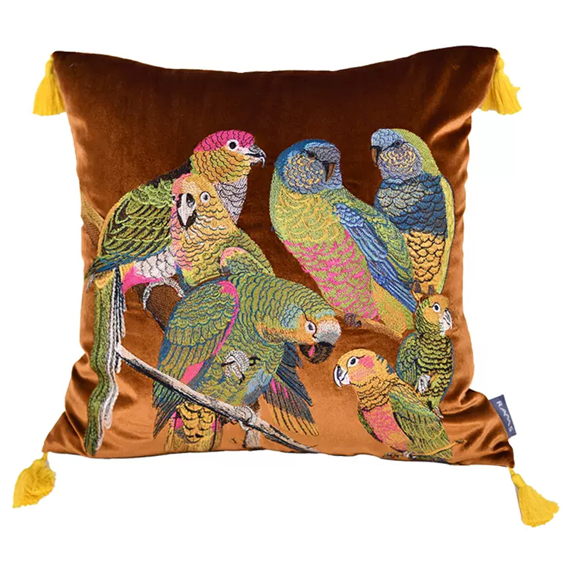 Декоративная подушка с вышивкой Embroidery Parrots Pillow Brown Коричневый Мульти Декоративная подушка с вышивкой Embroidery Parrots Pillow Brown Коричневый Мульти в Барнауле | Loft Concept