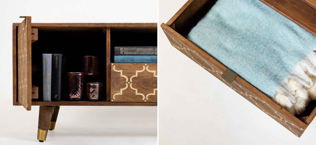 ТВ-тумба из натурального дерева Bone Inlay - фото №1