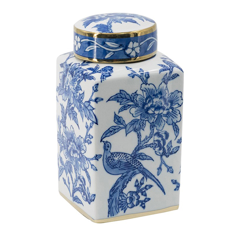Ваза с крышкой Bird & Flowers Oriental Ornament Глянцевое золото Белый Синий Ваза с крышкой Bird & Flowers Oriental Ornament Глянцевое золото Белый Синий в Барнауле | Loft Concept