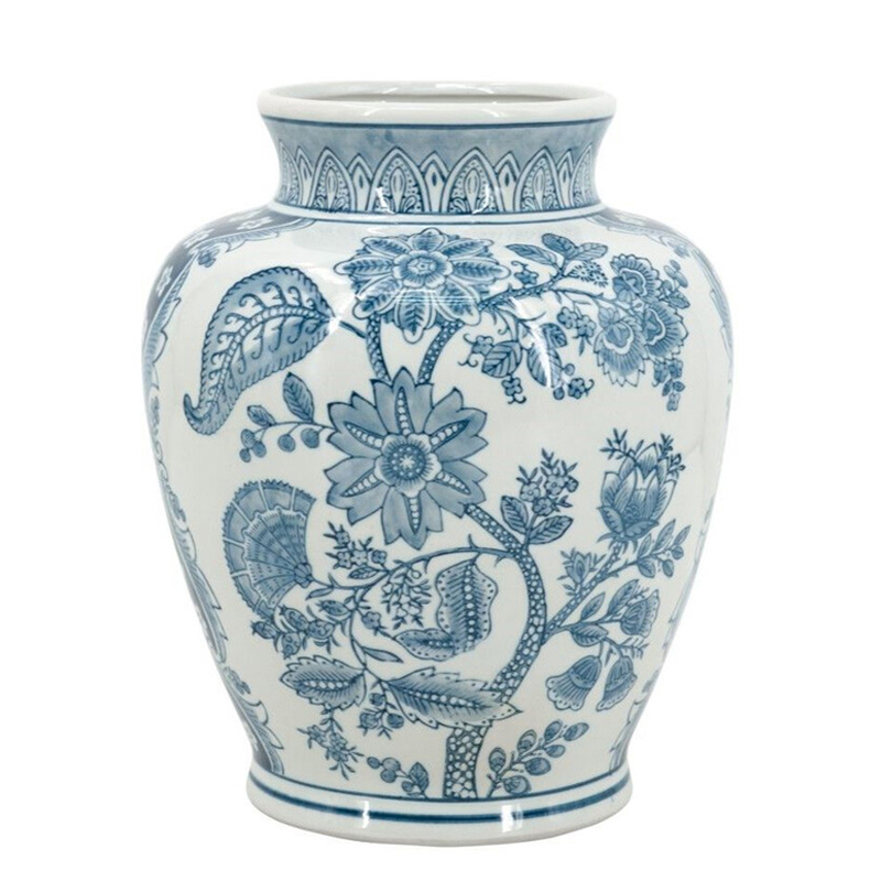 Ваза округлой формы белого цвета с синим растительным узором Blue & White Ornament Белый Синий Ваза округлой формы белого цвета с синим растительным узором Blue & White Ornament Белый Синий в Барнауле | Loft Concept