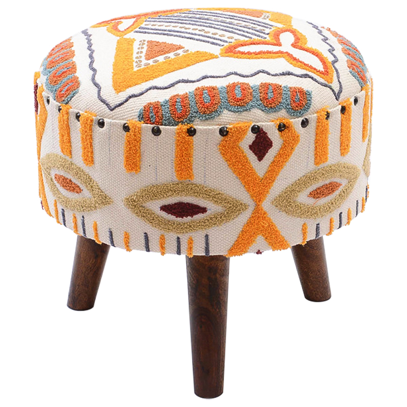 Пуф India Multicolor Ornament Wood Pouf Белый Мульти Коричневый Пуф India Multicolor Ornament Wood Pouf Белый Мульти Коричневый в Барнауле | Loft Concept