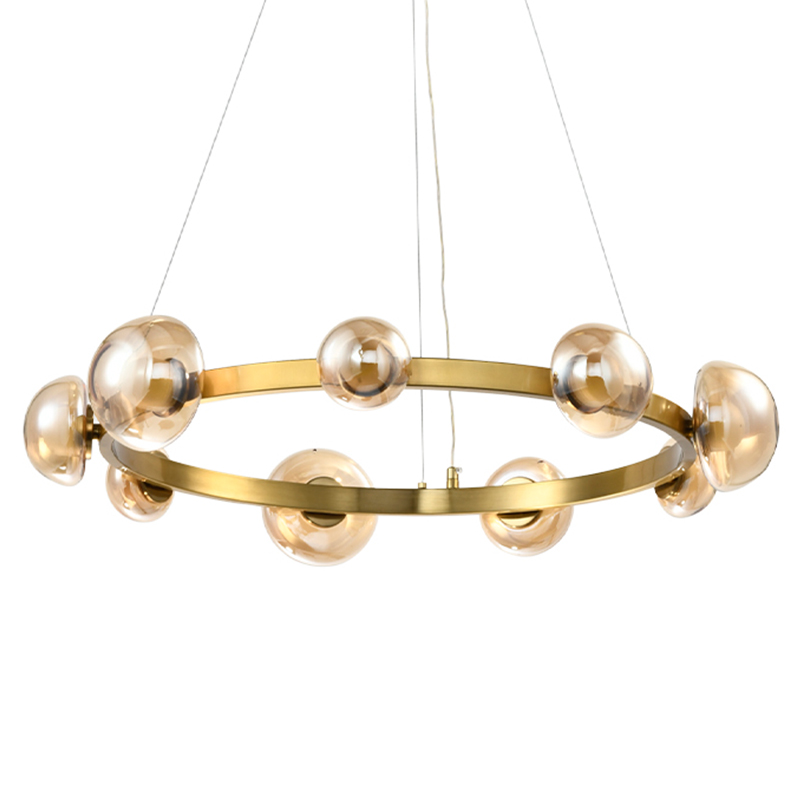 Люстра подвесная светодиодная с 9-ю круглыми плафонами коньячного цвета Iona Chandelier Brass Латунь Люстра подвесная светодиодная с 9-ю круглыми плафонами коньячного цвета Iona Chandelier Brass Латунь в Барнауле | Loft Concept