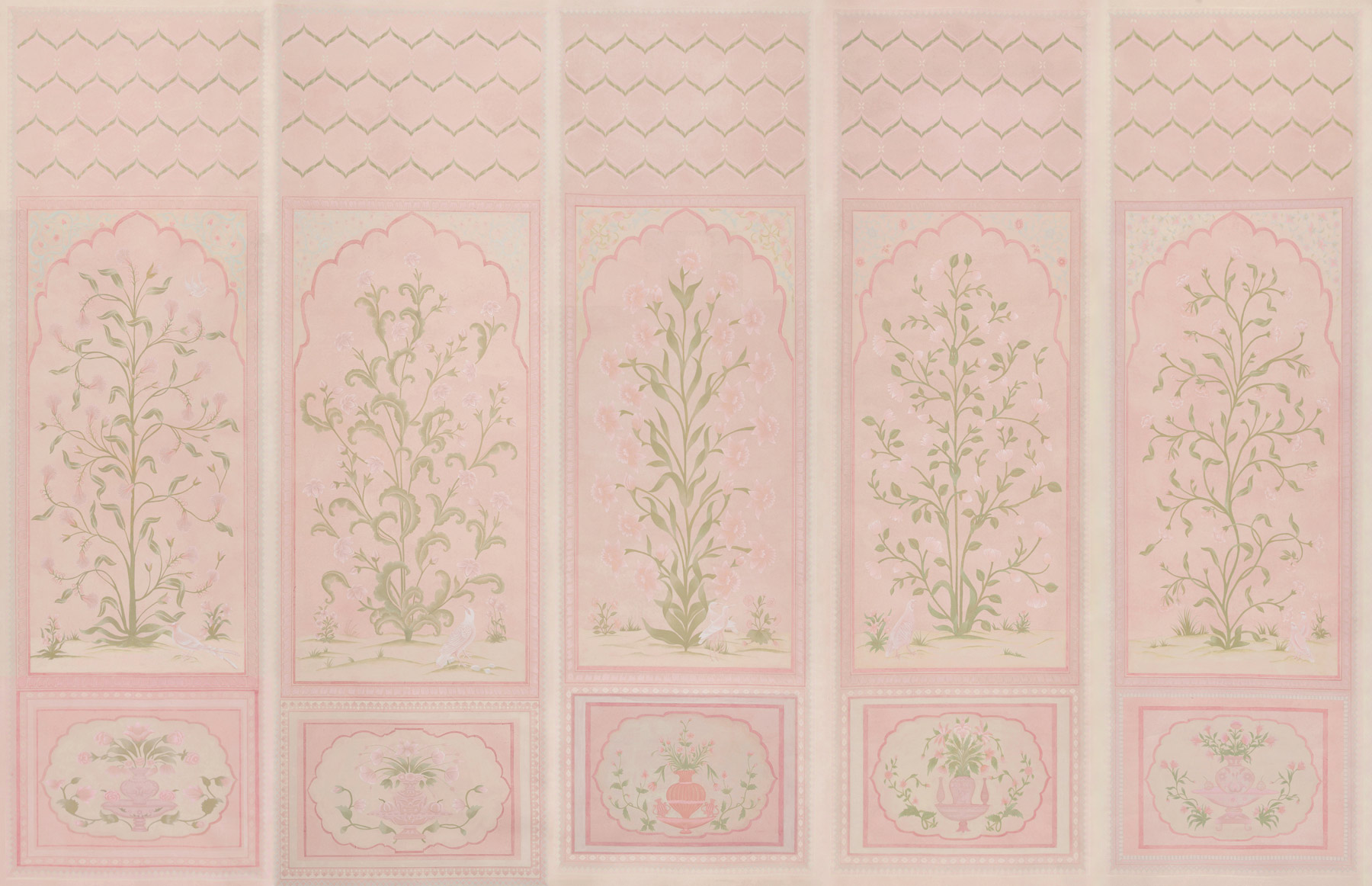 Обои ручная роспись Jharokha Arches Original colourway on pink painted Xuan paper Обои ручная роспись Jharokha Arches Original colourway on pink painted Xuan paper - постер Loft-Concept в Барнауле