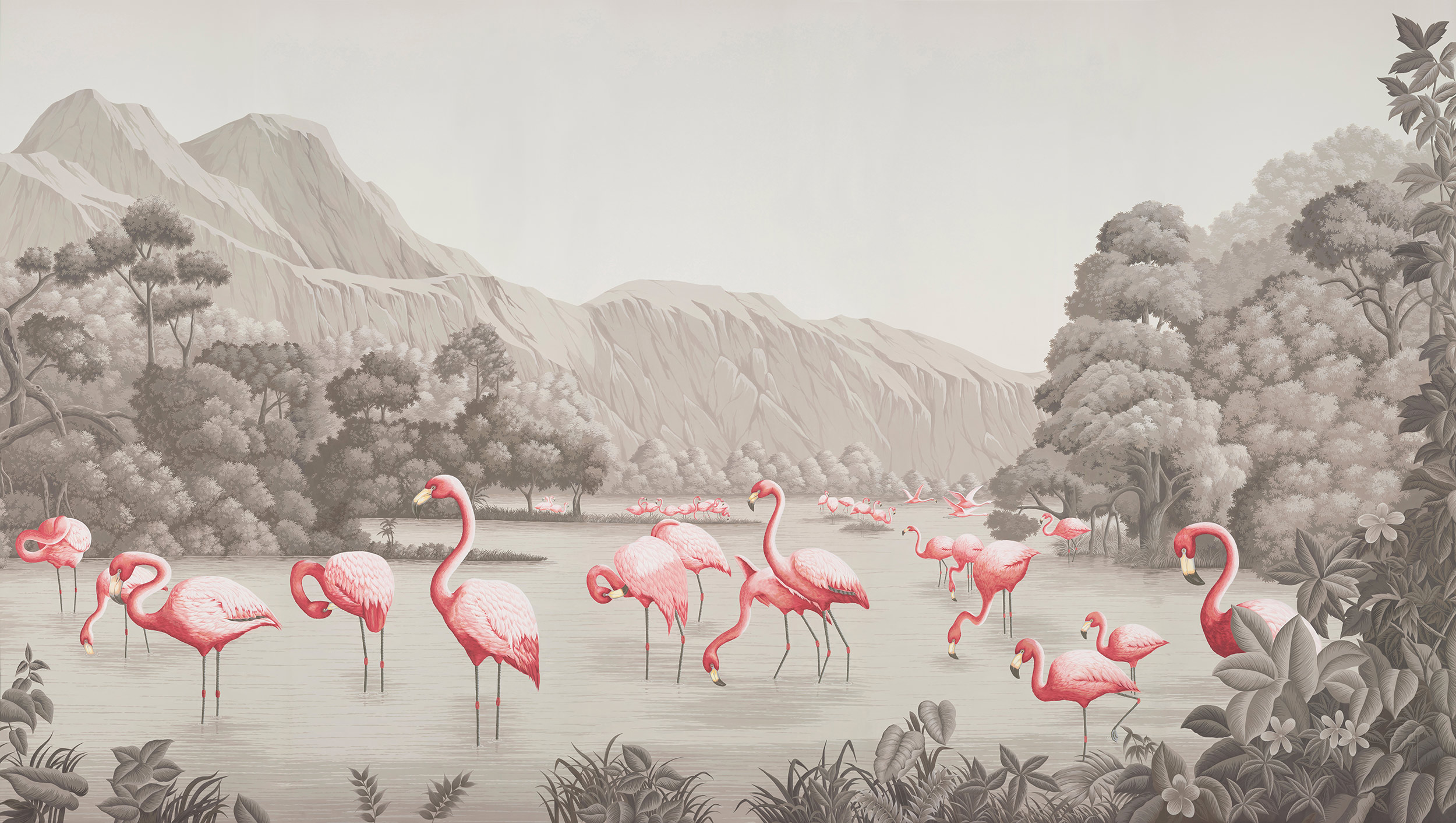 Обои ручная роспись Flamingos Flamingo on Eau Forte scenic paper Обои ручная роспись Flamingos Flamingo on Eau Forte scenic paper - постер Loft-Concept в Барнауле