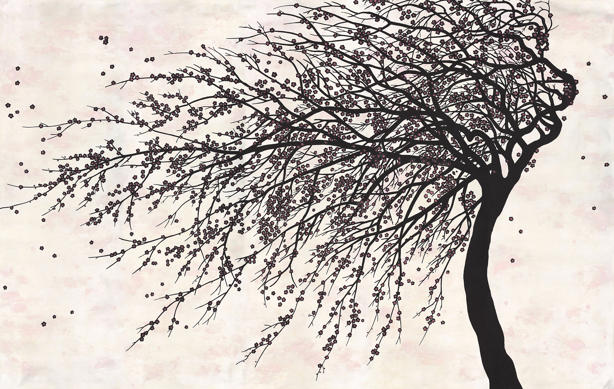 Обои ручная роспись Windswept Blossom Noir on White Metal gilded silk with pearlescent antiquing Обои ручная роспись Windswept Blossom Noir on White Metal gilded silk with pearlescent antiquing - постер Loft-Concept в Барнауле