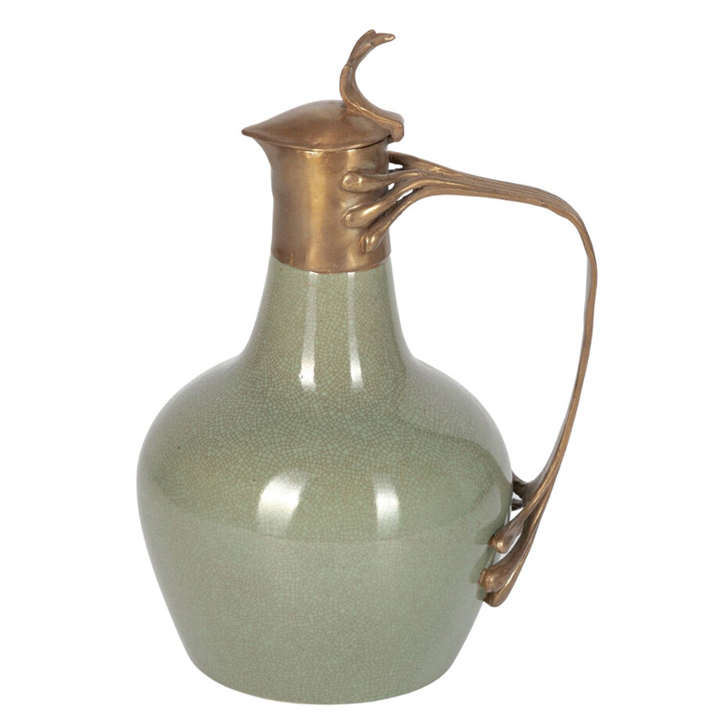 Кувшин зеленого цвета из фарфора с бронзовой крышкой и изогнутой ручкой Eden Garden porcelain and bronze Зеленый Бронза Кувшин зеленого цвета из фарфора с бронзовой крышкой и изогнутой ручкой Eden Garden porcelain and bronze Зеленый Бронза в Барнауле | Loft Concept