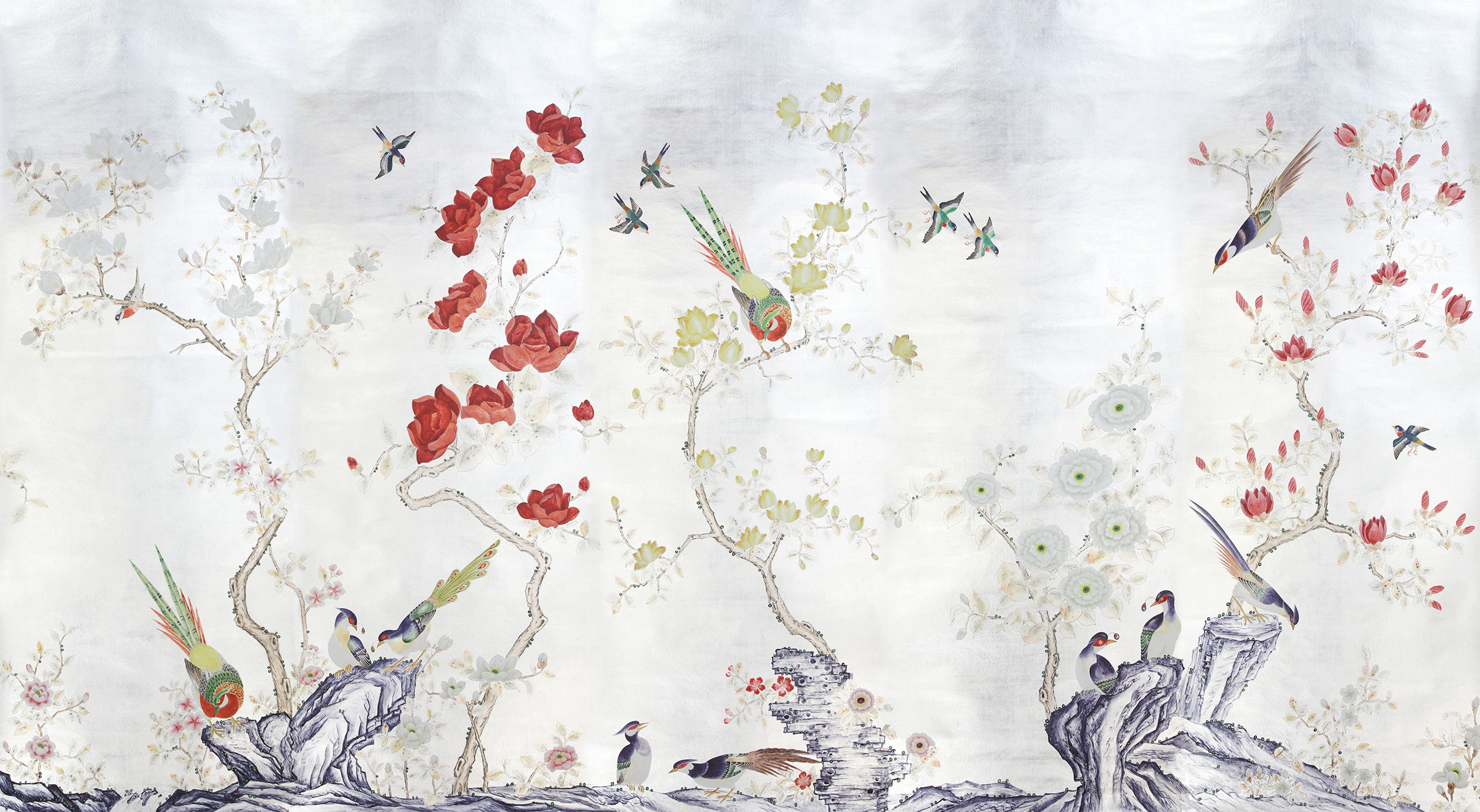 Обои шинуазри Japanese Garden Original colourway on Sterling Silver gilded Xuan paper Обои шинуазри Japanese Garden Original colourway on Sterling Silver gilded Xuan paper - постер Loft-Concept в Барнауле