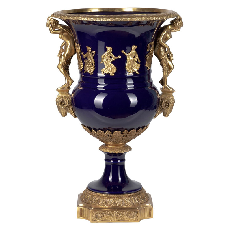 Ваза темно-синего цвета из фарфора с бронзовыми ручками в виде фигур Eden Garden porcelain and bronze Темно-синий Бронза в Барнауле | Loft Concept 