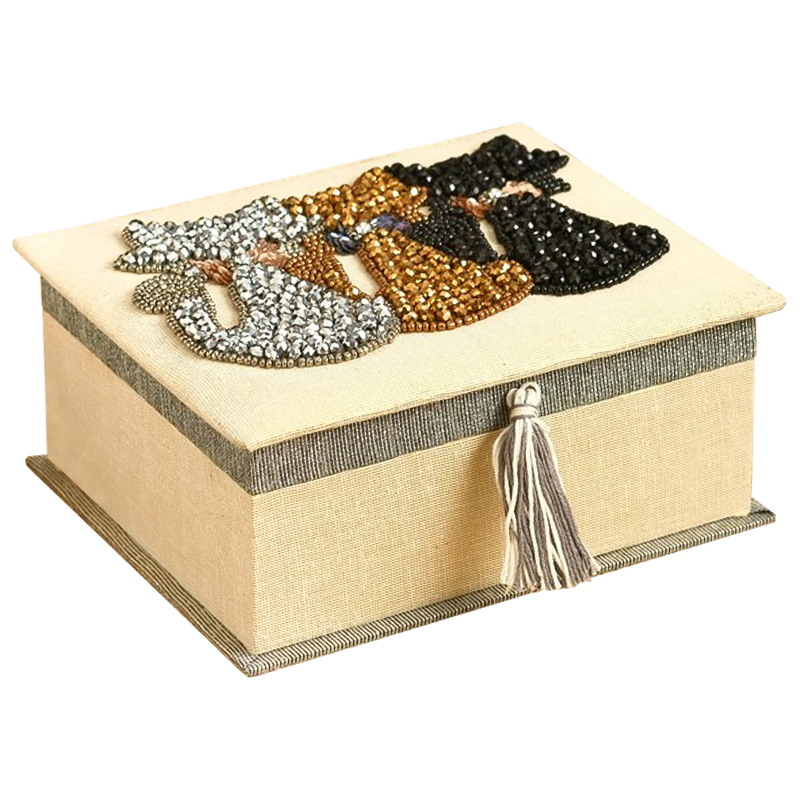 Шкатулка с вышивкой из бисера Three Cats Beads Embroidery Box Бежевый Серый Серебряный Бронза Черный в Барнауле | Loft Concept 