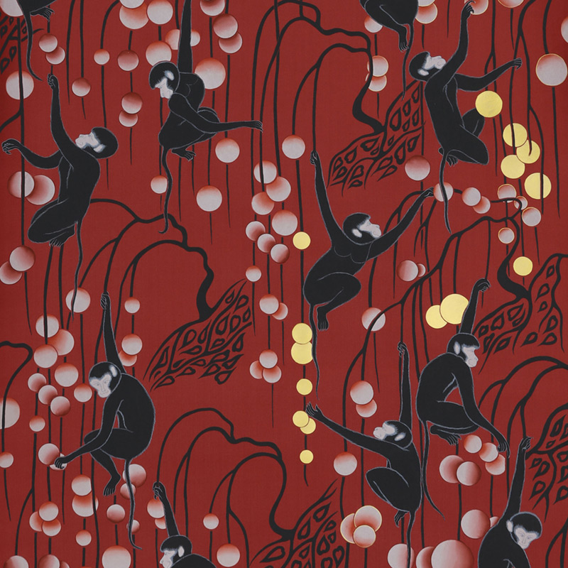 Обои ручная роспись Deco Monkeys Shanghai on Scarlet Lady dyed silk  в Барнауле | Loft Concept 