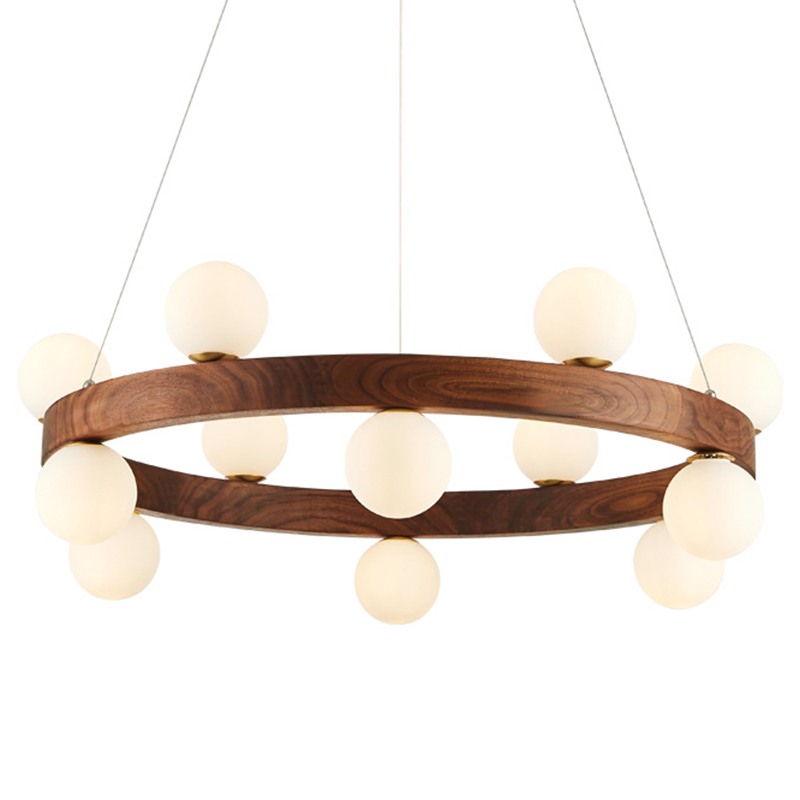 Люстра из дерева с белыми плафонами GRAND Wooden Chandelier Белое матовое стекло Коричневый Латунь Люстра из дерева с белыми плафонами GRAND Wooden Chandelier Белое матовое стекло Коричневый Латунь в Барнауле | Loft Concept