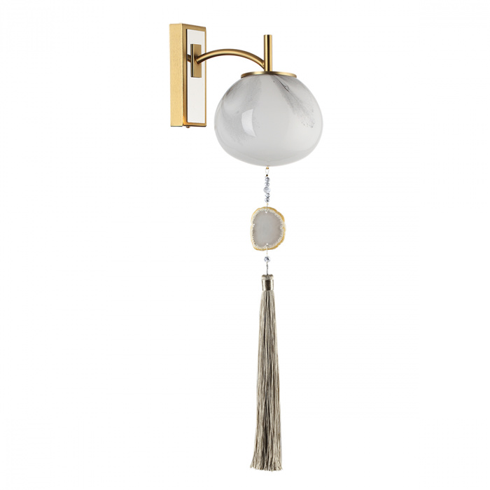 Бра с шарообразным плафоном из белого стекла с подвеской из камня Agatelle Латунь Бежевый Серый Белый в Барнауле | Loft Concept 