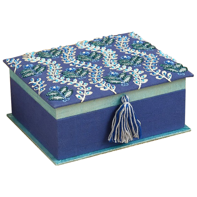Шкатулка с вышивкой Flower Ornament Beads Embroidery Box Синий Бирюзовый Белый в Барнауле | Loft Concept 