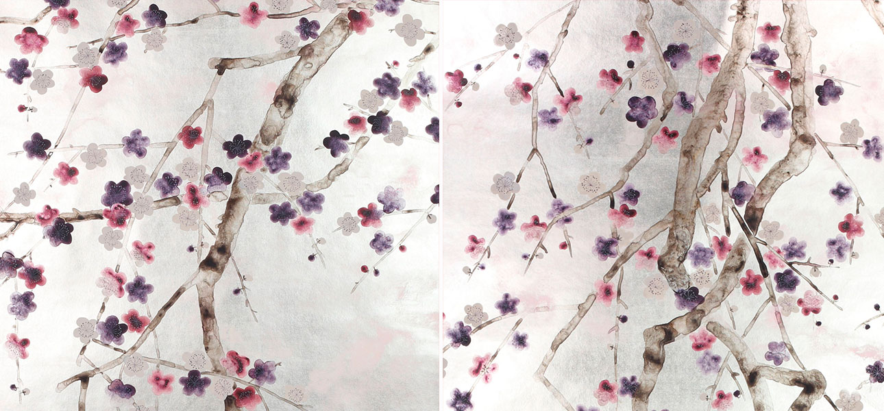 Обои ручная роспись Plum Blossom Colourway SC-228 on Tarnished Silver gilded paper with pearlescent antiquing - фото