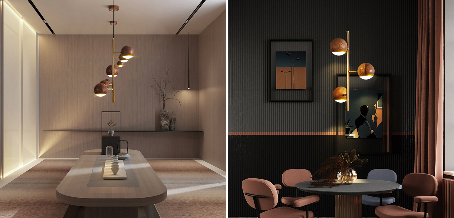 Подвесной светильник с шарообразными плафонами из светлого и темного дерева Magalie Wooden Hanging Lamp - фото