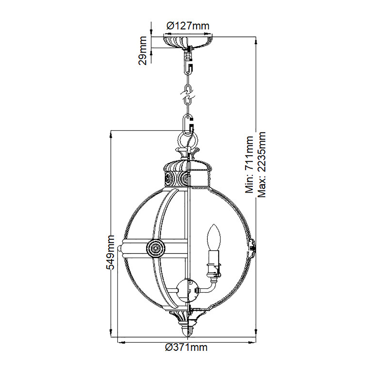 Подвесной светильник с прозрачным стеклянным плафоном в форме шара цвета никеля в индустриальном стиле на цепи 3 лампы Feiss в Барнауле
