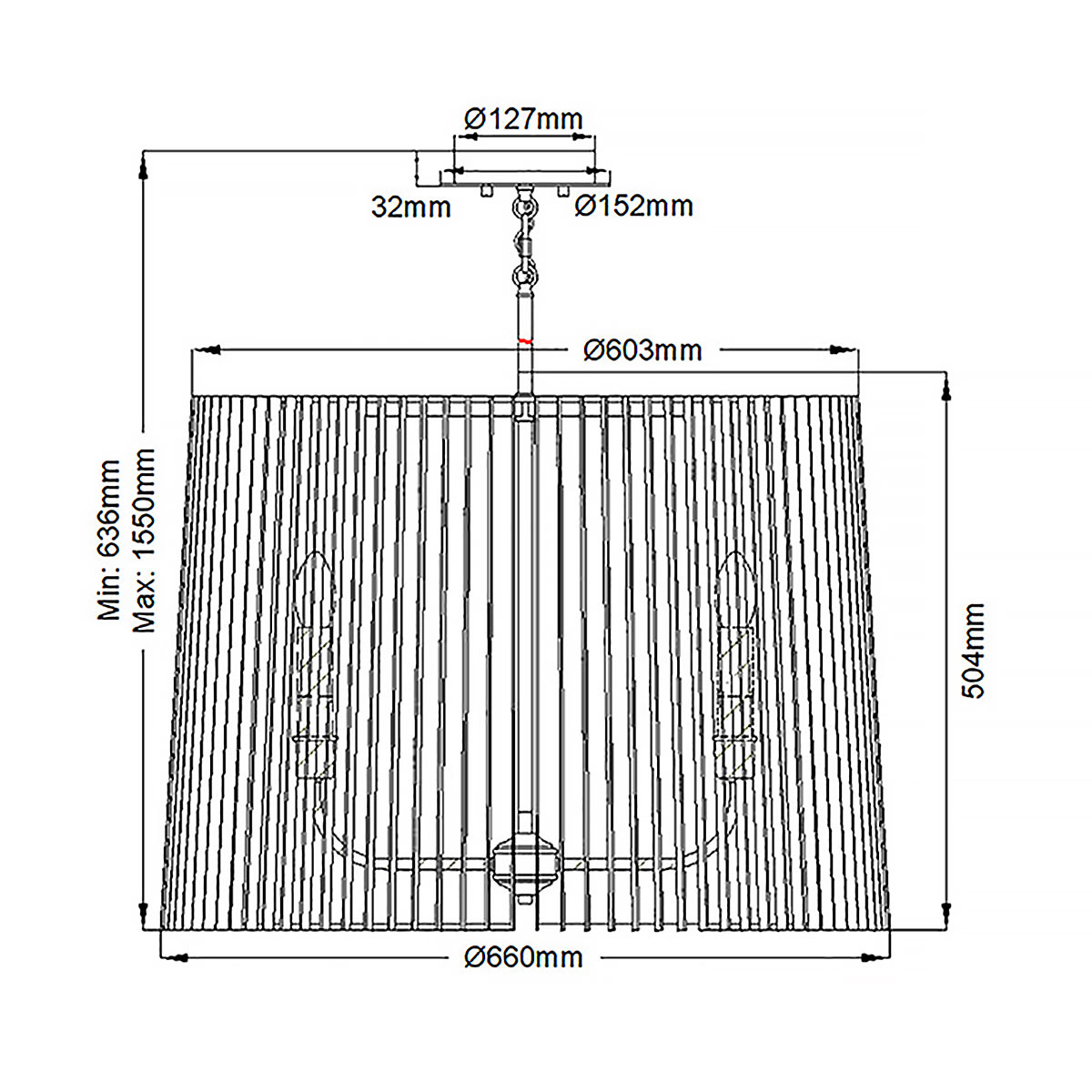 Люстра цвета латунь с 6-ю лампами свечами внутри цилиндрического абажура из черных металлических реек Kichler в Барнауле