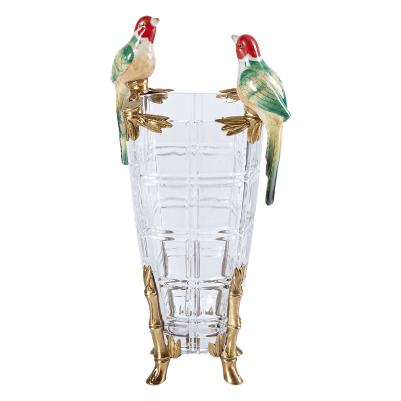 Ваза из прозрачного стекла с бронзовыми ножками и фигурками попугаев Eden Garden porcelain and bronze Прозрачное Стекло Бронза Мульти Ваза из прозрачного стекла с бронзовыми ножками и фигурками попугаев Eden Garden porcelain and bronze Прозрачное Стекло Бронза Мульти в Барнауле | Loft Concept