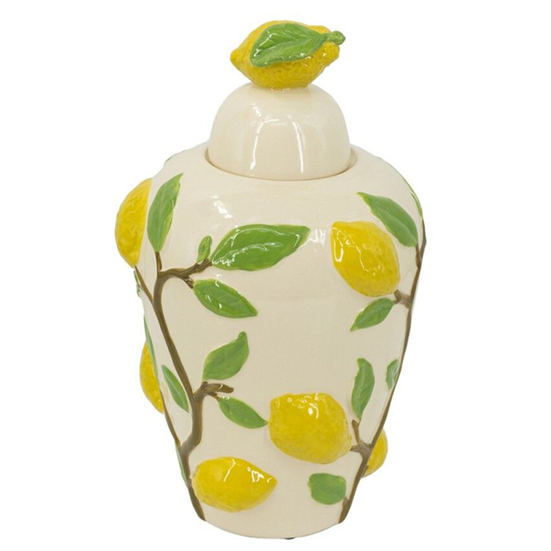 Ваза с крышкой кремового цвета и объемным рисунком лимонов и листьев Lemon Delight Кремовый Желтый Коричневый Зеленый Ваза с крышкой кремового цвета и объемным рисунком лимонов и листьев Lemon Delight Кремовый Желтый Коричневый Зеленый в Барнауле | Loft Concept