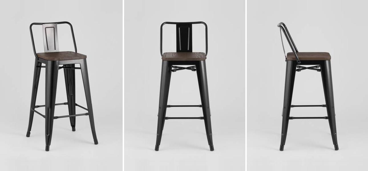 Барный Стул Tolix Черный Глянцевый Металл Деревянное Сидение - фото