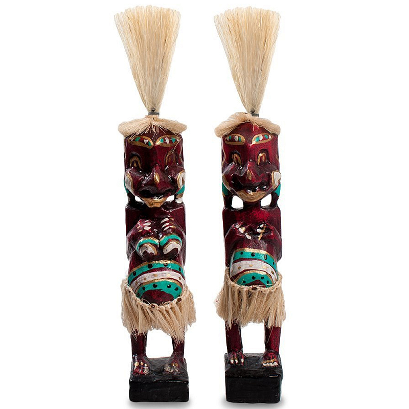 Комплект из 2-х деревянных статуэток Asmat Straw Headdress Statuettes Red Turquoise Tattoo Красный Бежевый Бирюзовый Белый Комплект из 2-х деревянных статуэток Asmat Straw Headdress Statuettes Red Turquoise Tattoo Красный Бежевый Бирюзовый Белый в Барнауле | Loft Concept
