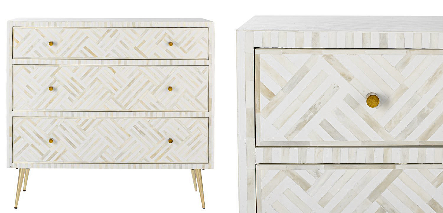 Комод инкрустация костью White Indian Bone Inlay 3 drawer Белый Комод инкрустация костью White Indian Bone Inlay 3 drawer Белый - Loft-Concept в Барнауле
