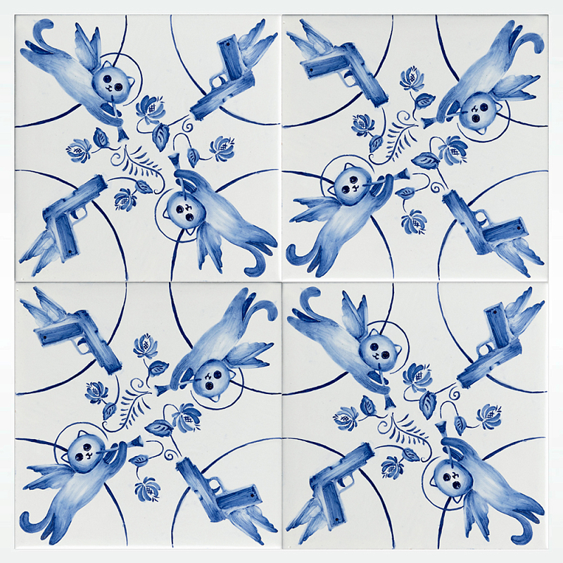 Плитка с узором 2 кота 2 пистолета Белый Синий в Барнауле | Loft Concept 