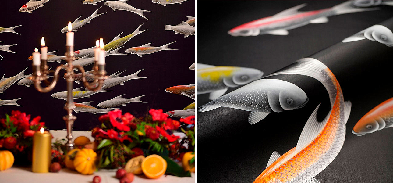 Обои ручная роспись Fishes Koi on Pitch dyed silk Обои ручная роспись Fishes Koi on Pitch dyed silk - Loft-Concept в Барнауле