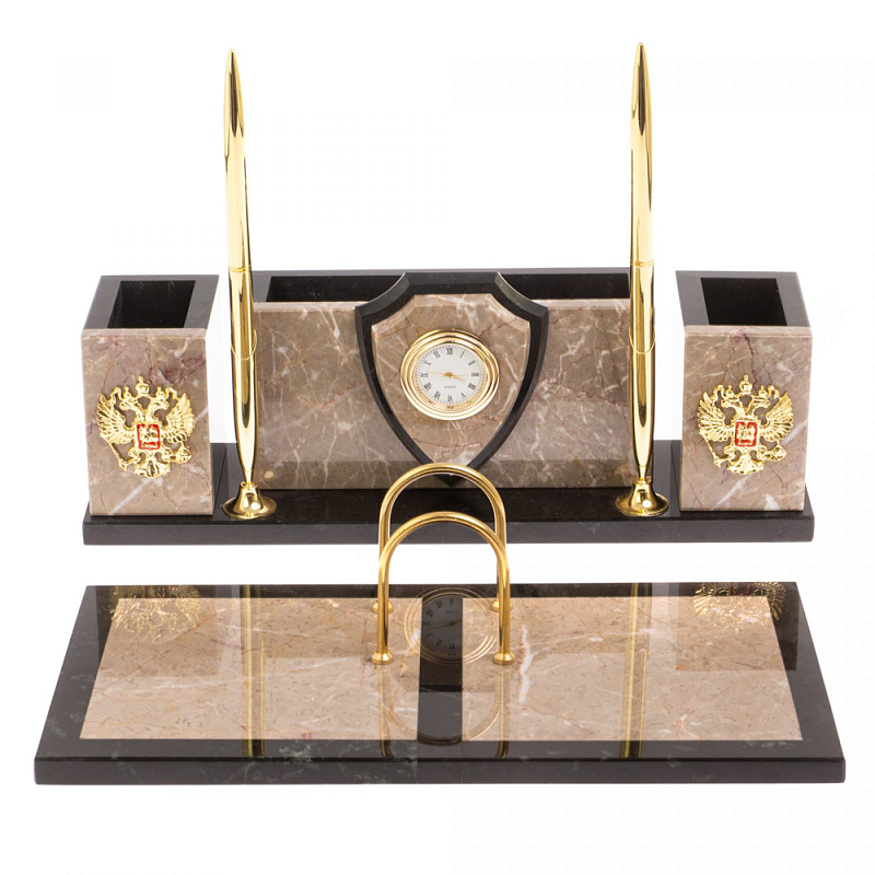 Настольный письменный набор из бежевого мрамора с часами и гербом Marble Accessory Бежевый Черный Золотой Настольный письменный набор из бежевого мрамора с часами и гербом Marble Accessory Бежевый Черный Золотой в Барнауле | Loft Concept