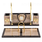 Настольный письменный набор из бежевого мрамора с часами и гербом Marble Accessory варинант исполнения - 1 | Loft Concept в Барнауле