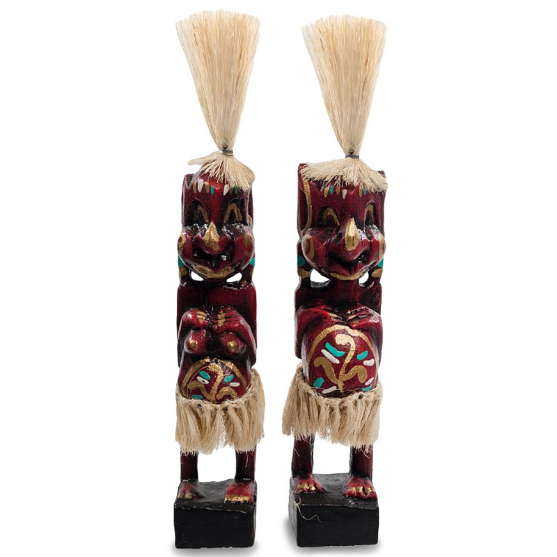 Комплект из 2-х деревянных статуэток Asmat Straw Headdress Statuettes Red Tattoo Красный Бежевый Золотой Мульти Комплект из 2-х деревянных статуэток Asmat Straw Headdress Statuettes Red Tattoo Красный Бежевый Золотой Мульти в Барнауле | Loft Concept