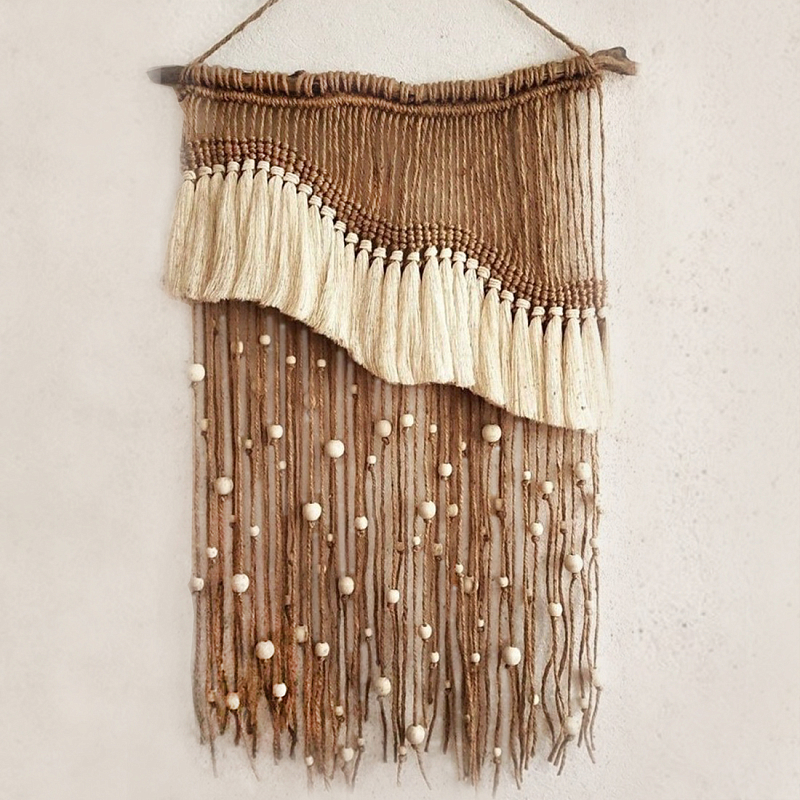 Дизайнерское Панно Дюна Макраме из нитей и бусин Wall Panel Dune Светло-бежевый Коричневый в Барнауле | Loft Concept 