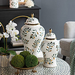 Ваза белая с крышкой с рисунком зеленых и золотых листьев 48 см Chinoiserie Ceramics варинант исполнения - 4 | Loft Concept в Барнауле