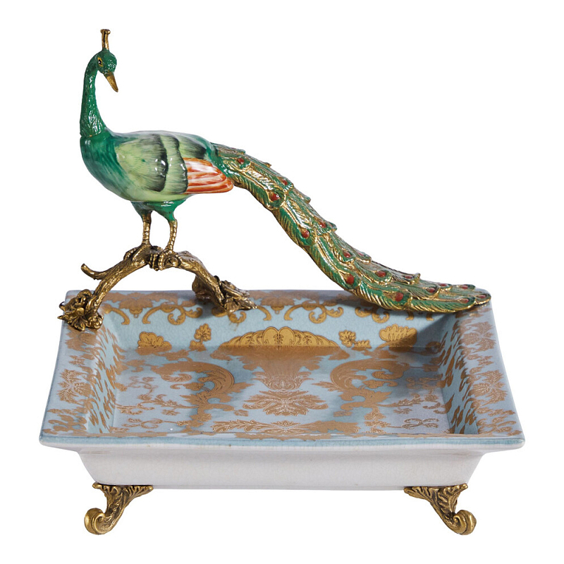 Блюдо квадратное с павлином на бронзовых ножках Eden Garden Голубой Бронза Мульти в Барнауле | Loft Concept 