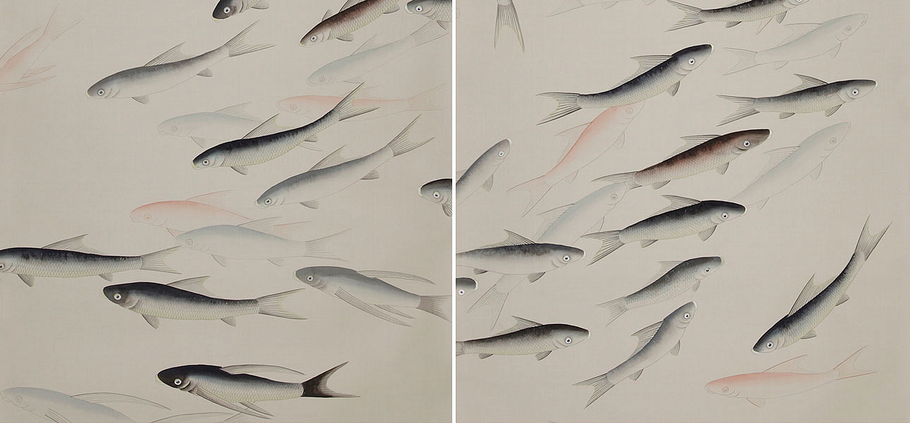 Обои ручная роспись Fishes Blue Pearl on Icefield dyed silk Обои ручная роспись Fishes Blue Pearl on Icefield dyed silk - Loft-Concept в Барнауле