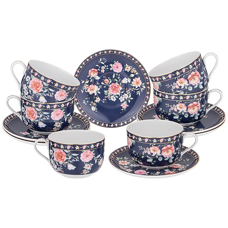 Чайный набор из фарфора синий на 6 персон 12 предметов Flower Porcelain Collection Синий Мульти Чайный набор из фарфора синий на 6 персон 12 предметов Flower Porcelain Collection Синий Мульти в Барнауле | Loft Concept