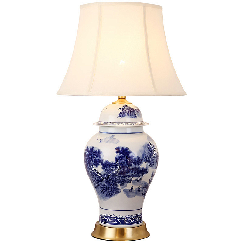 Настольная лампа с абажуром Blue Chinoiserie Table Lampshade Бежевый Белый Синий Золотой Настольная лампа с абажуром Blue Chinoiserie Table Lampshade Бежевый Белый Синий Золотой в Барнауле | Loft Concept