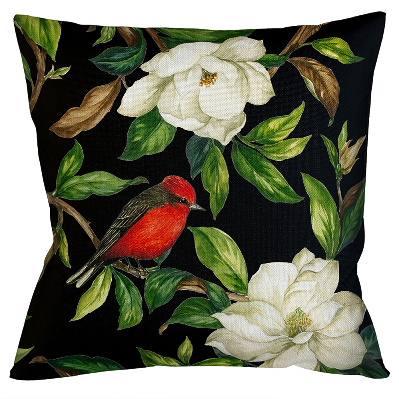 Декоративная подушка чёрная с изображением птиц и цветов Blooming Reds Birds Мульти Черный Декоративная подушка чёрная с изображением птиц и цветов Blooming Reds Birds Мульти Черный в Барнауле | Loft Concept