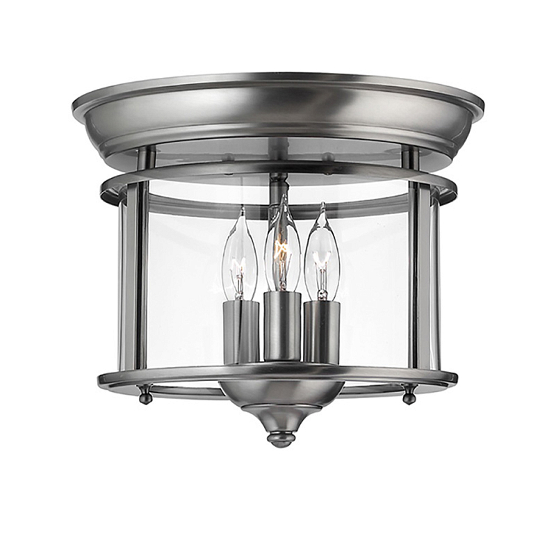 Потолочный светильник в форме фонаря с прозрачным цилиндрическим плафоном и тремя лампами в форме свечей Hinkley Латунь Прозрачное Стекло Олово в Барнауле | Loft Concept 