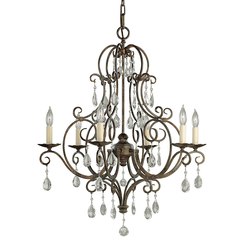 Люстра бронзового цвета с 6-ю лампами и подвесками из оптического стекла в классическом стиле Feiss Бронза Кремовый Прозрачное Стекло в Барнауле | Loft Concept 