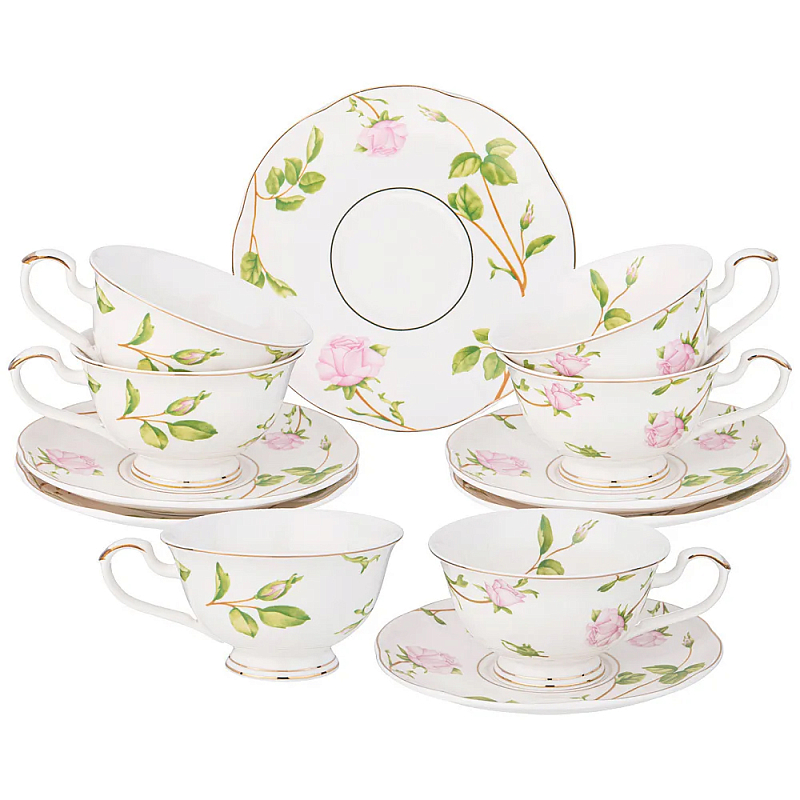 Чайный набор из фарфора белый с цветочным принтом на 6 персон 12 предметов Flower Porcelain Collection Белый Мульти Чайный набор из фарфора белый с цветочным принтом на 6 персон 12 предметов Flower Porcelain Collection Белый Мульти в Барнауле | Loft Concept