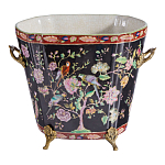 Кашпо из фарфора черная с цветочной росписью и бронзовой стрекозой Spring Garden варинант исполнения - 1 | Loft Concept в Барнауле