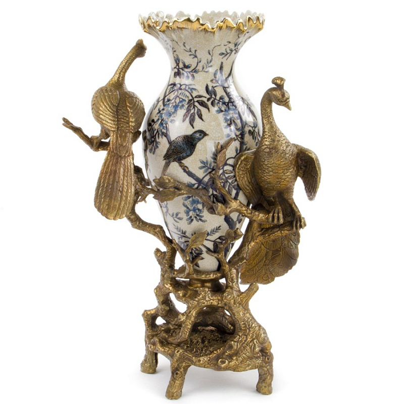 Ваза Bronze Peacocks Vase Белый Бронза Синий Ваза Bronze Peacocks Vase Белый Бронза Синий в Барнауле | Loft Concept